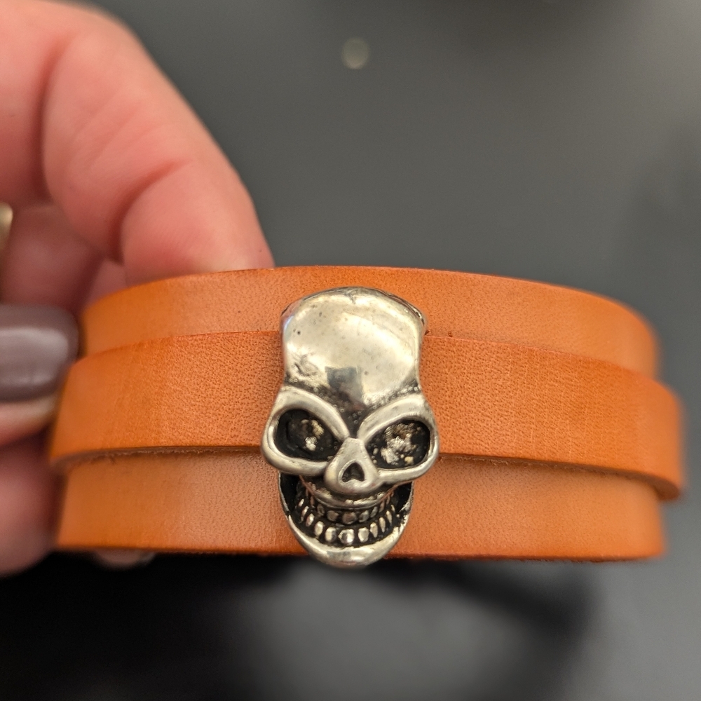 Orange Leather Hand Crafted Bracelet with Metal Skull Charm Adjustable.